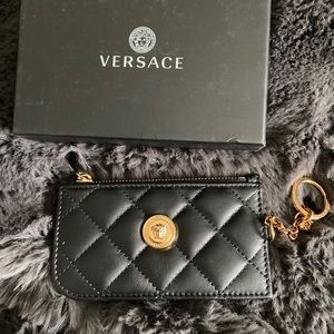 Versace Black Quilted Lambskin Leather Wallet Cardholder On Chain